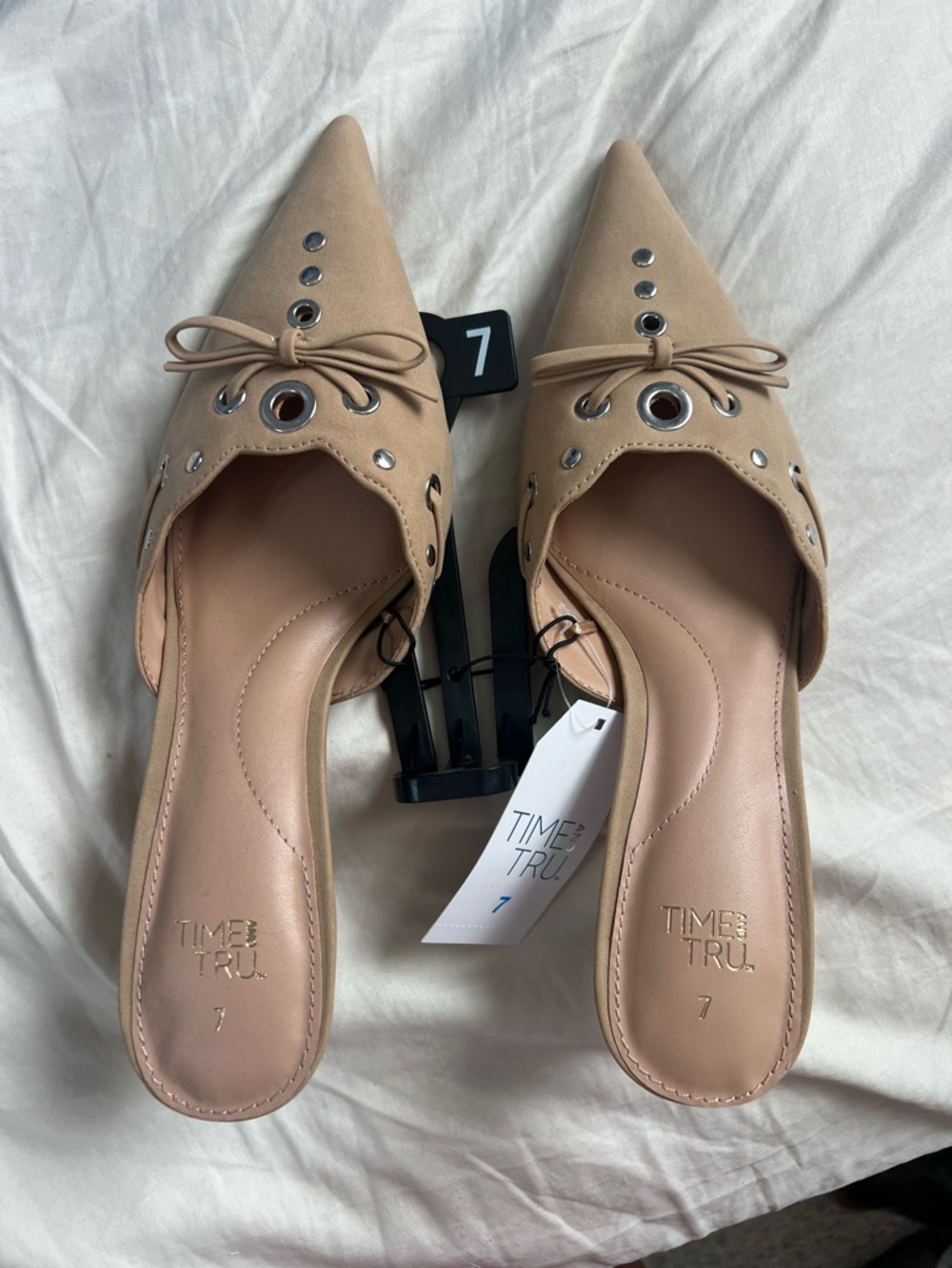 Time and Tru Nude Pointed Toe Studded Bow Mules